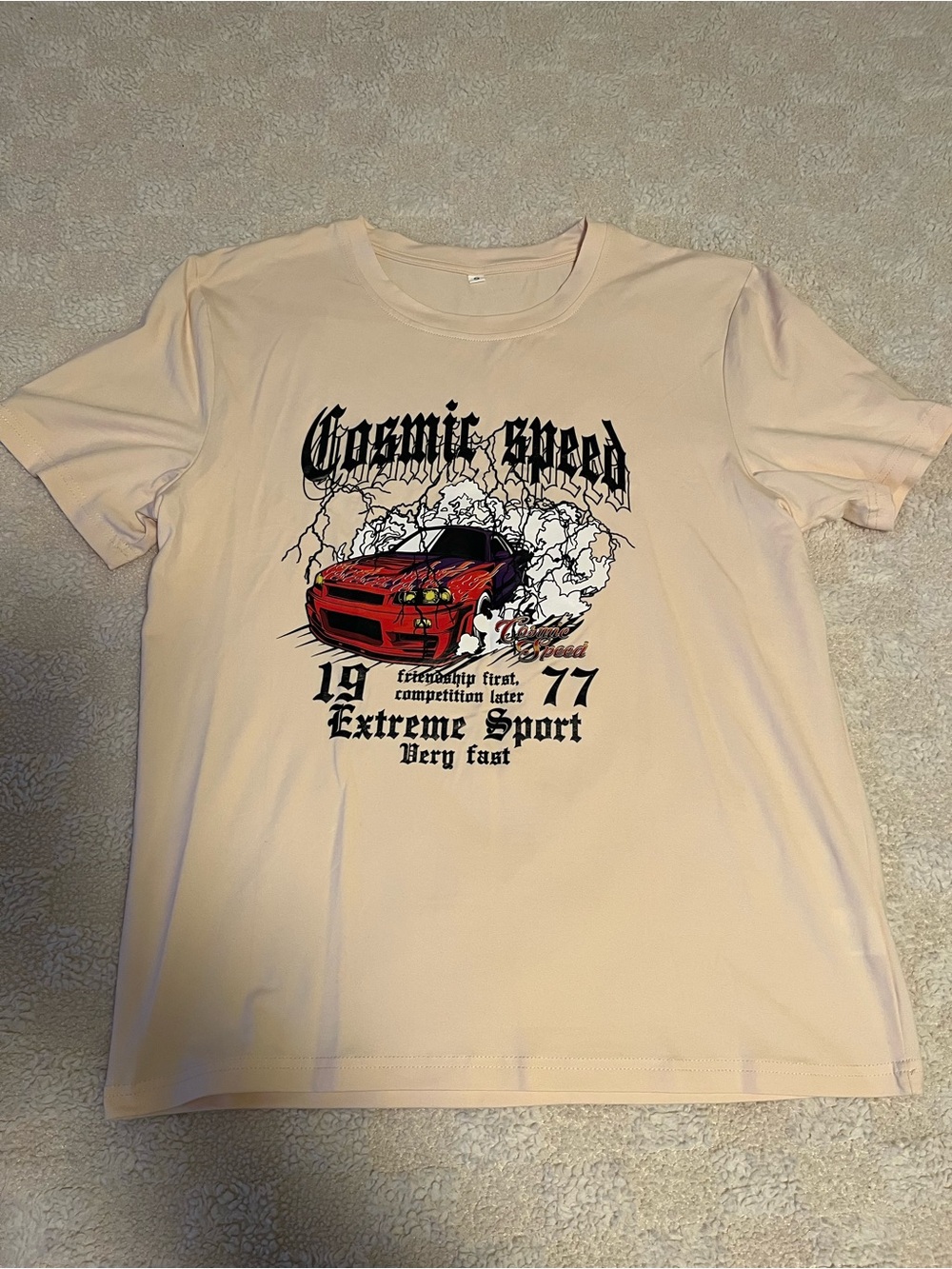 SHEIN Beige Graphic Racing Tee with Red Car Print
